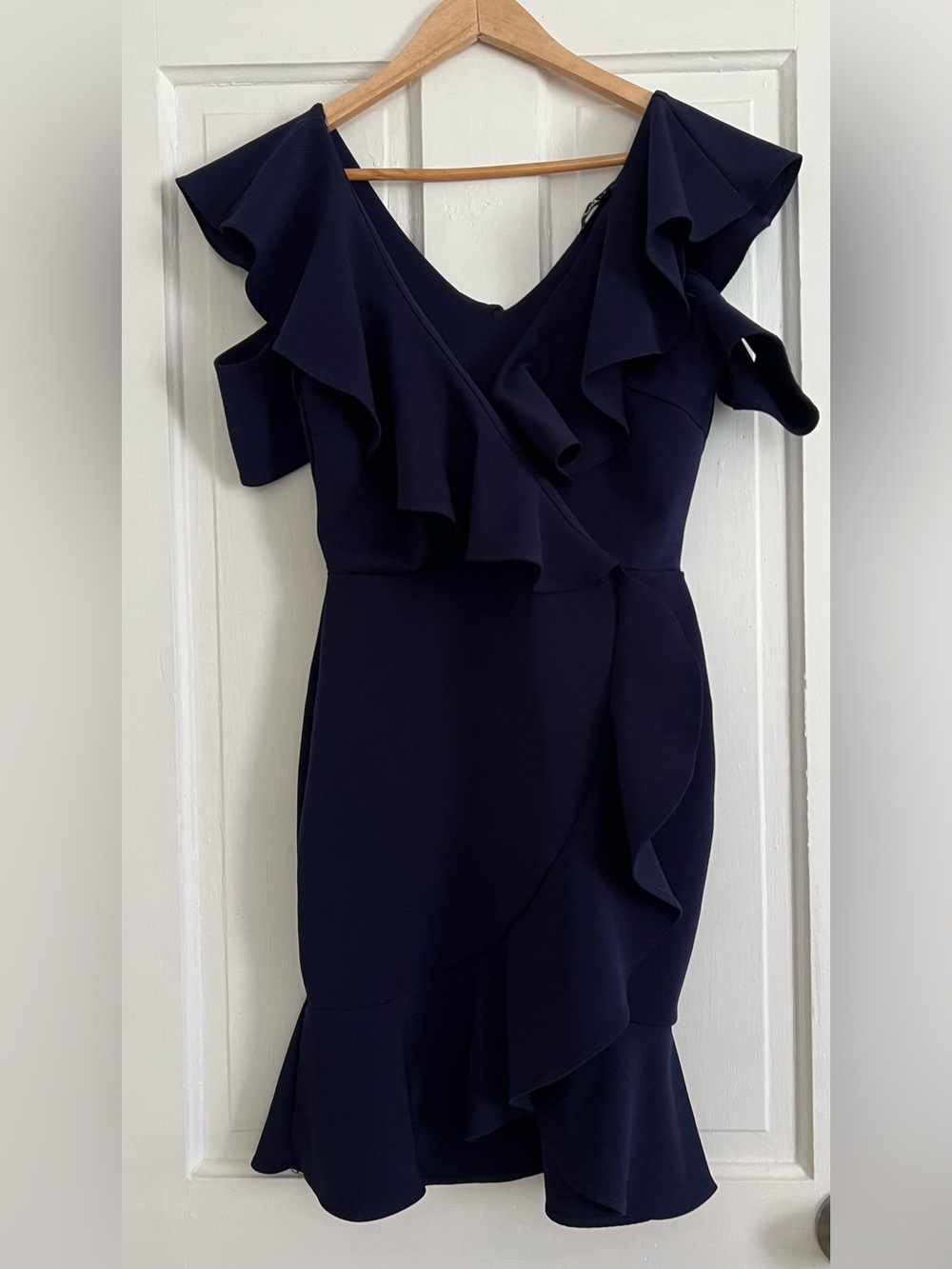 Lulus Size Medium Navy Blue Ruffle Knee Length Off Shoulder Dress
